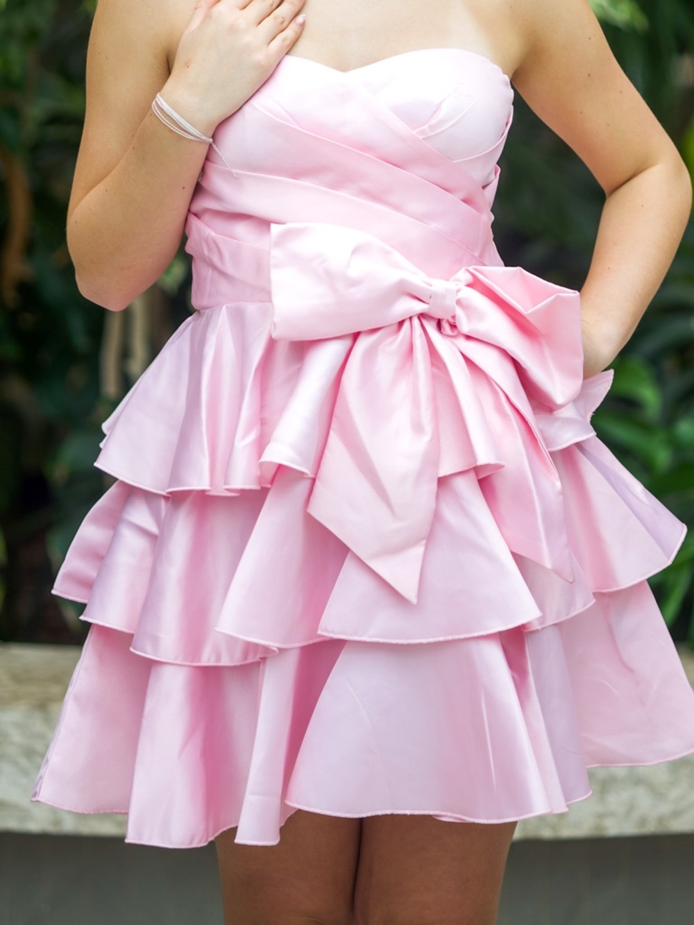 Girls' Strapless Pink Layered Bow Party Dress